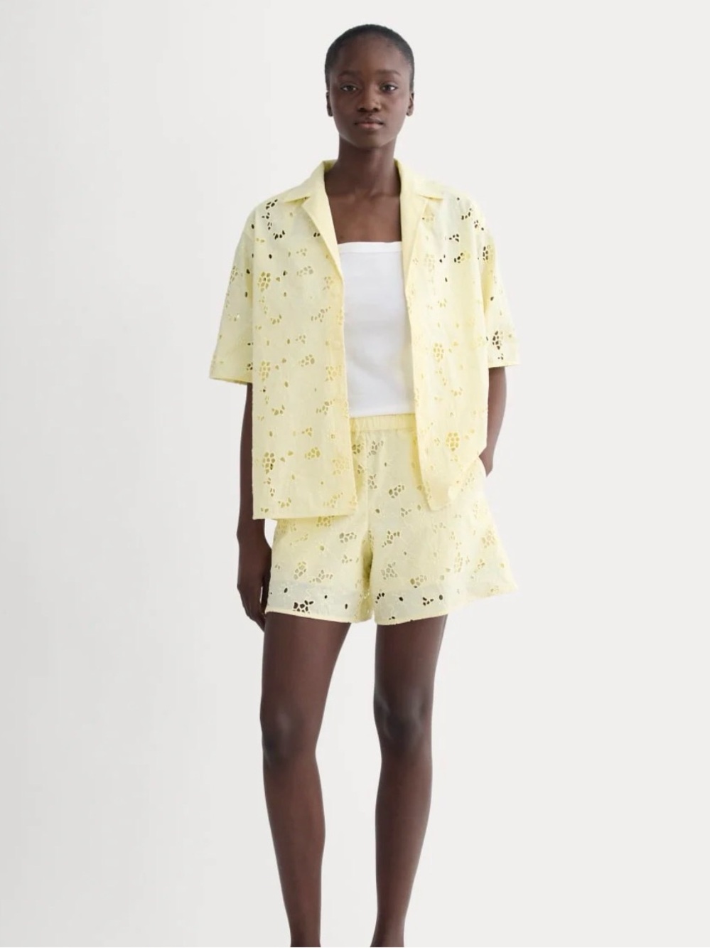 Everlane Eyelet Camp Shirt + Eyelet Pull-On Shorts Set | Light Yellow / XL / NWT - Picture 2 of 16